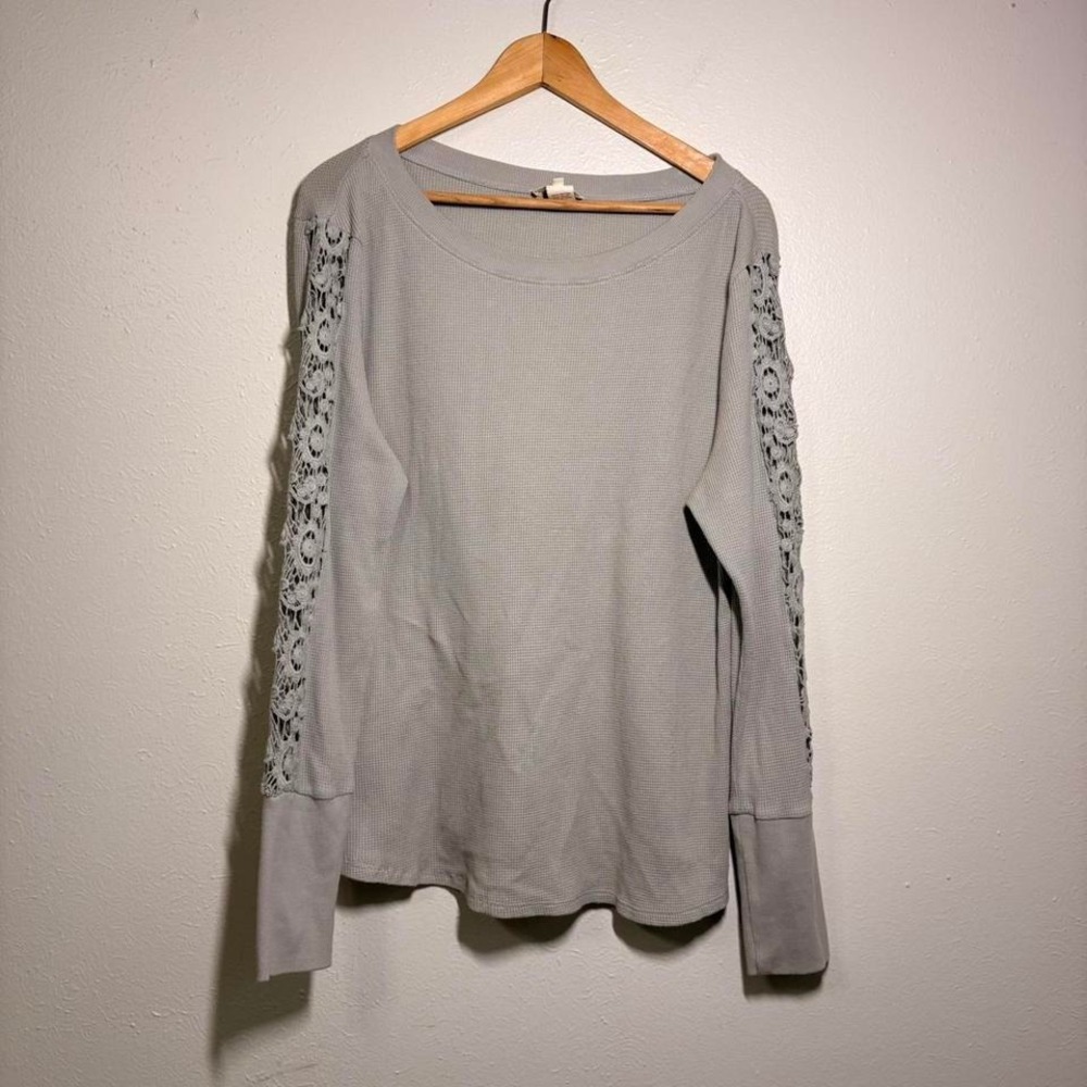 Sundance Women's Large Long Sleeve Thermal Waffle Knit Crochet Lace Minimal